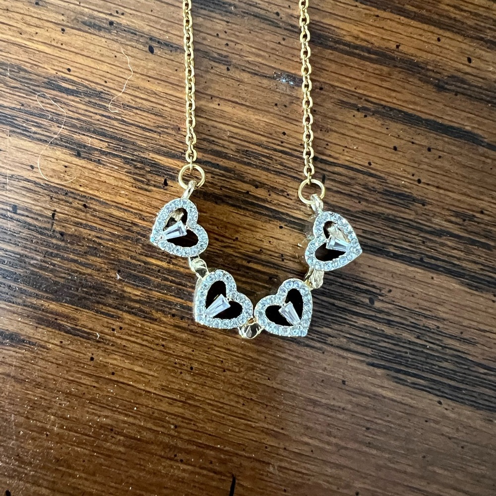 Gold Plated Necklace with 4 Hearts, Faux Gemstones
